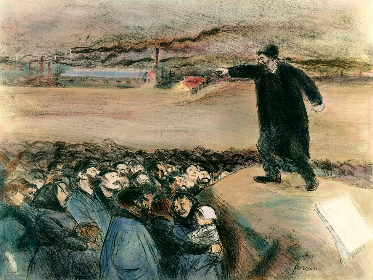 An agitator in front of the workers. A leader of the workers