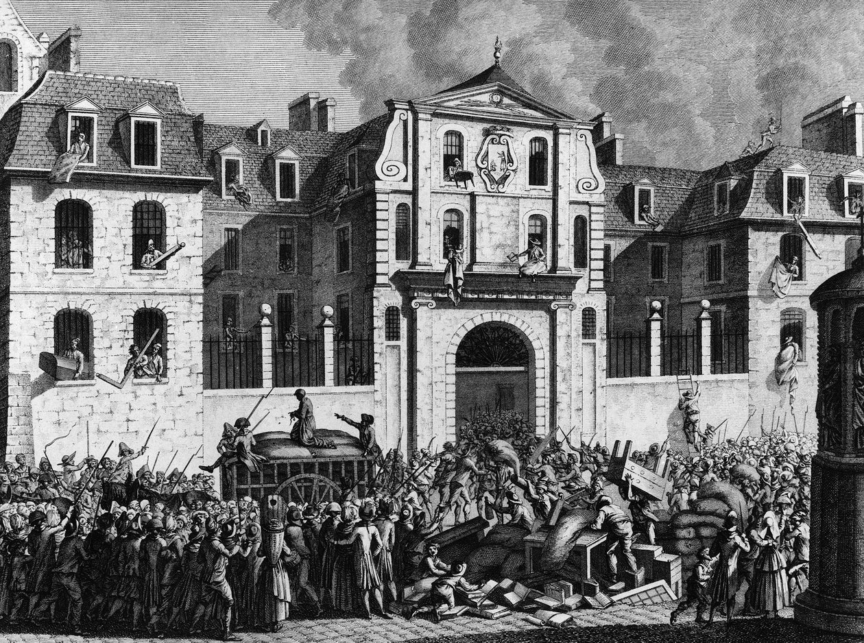 French Revolution: Pillage of the house Saint Lazare in Paris on Monday 13 July 1789 by the revolutionaries. Engraving by Berthaut after Prior. Paris, Library of the Institute of History of Revolution by Jean Louis II (after) Prieur