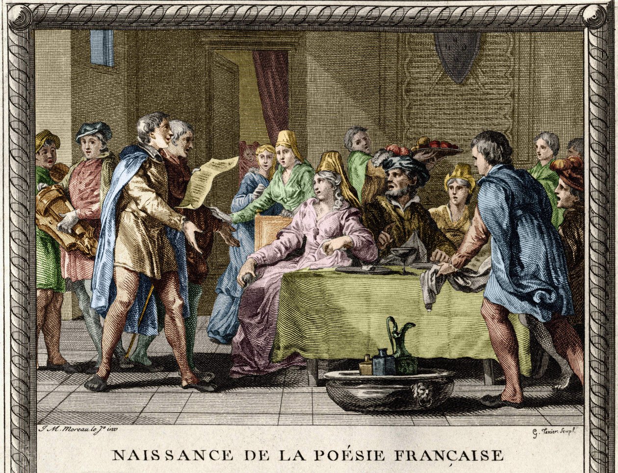 Birth of French Poetry: Troubadours, Followed by Jugglers and Ménétiers, Recite the First Poems in French During the Festivities Among the Nobles in the 12th Century (Engraving by Moreau le Jeune) by Jean Michel the Younger Moreau
