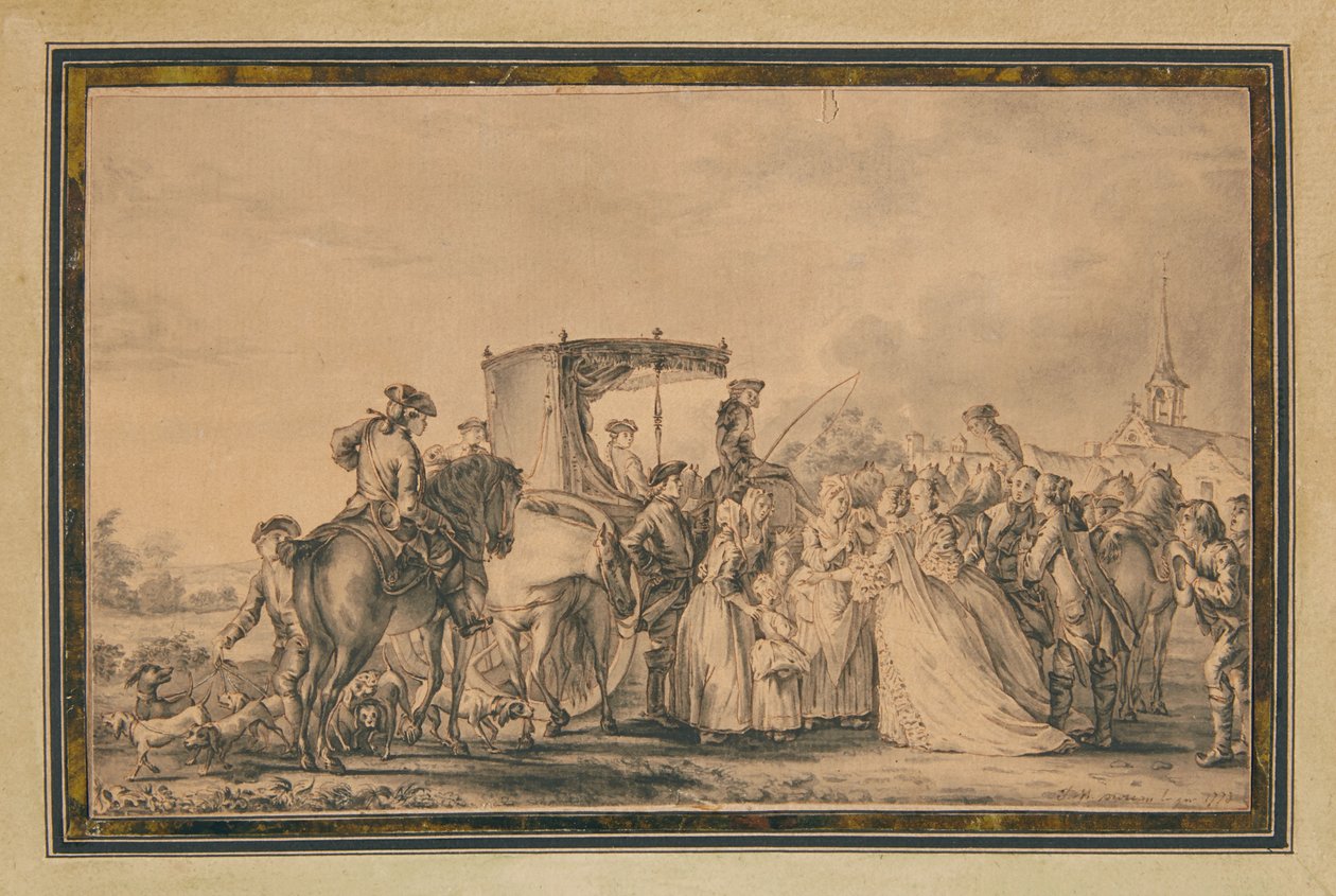 Marie Antoinette, Exiting Her Carriage and Surrounded by Her Cortege, Comforting a Peasant by Jean Michel the Younger Moreau