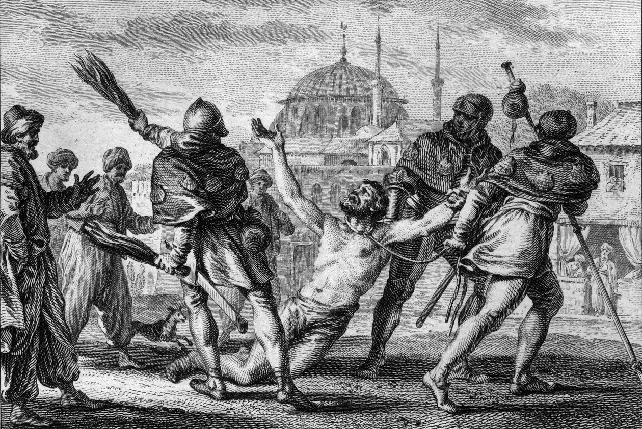 Nerra coots (972/987-1040), Count of Anjou, pilgrimage in Jerusalem. He gets dragged naked, a rope tied to his neck, in the streets of the city, while one of his squires whips him with yards and asks for grace from God. 11th century. Engraving by Jean Mich by Jean Michel the Younger Moreau