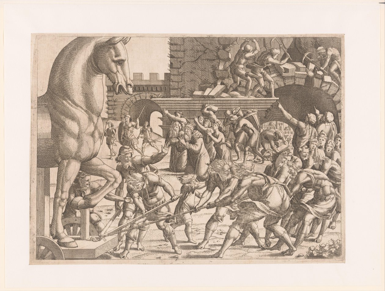 Bringing in the Trojan Horse History of the Trojan War (series title) by Jean Mignon (attributed to)
