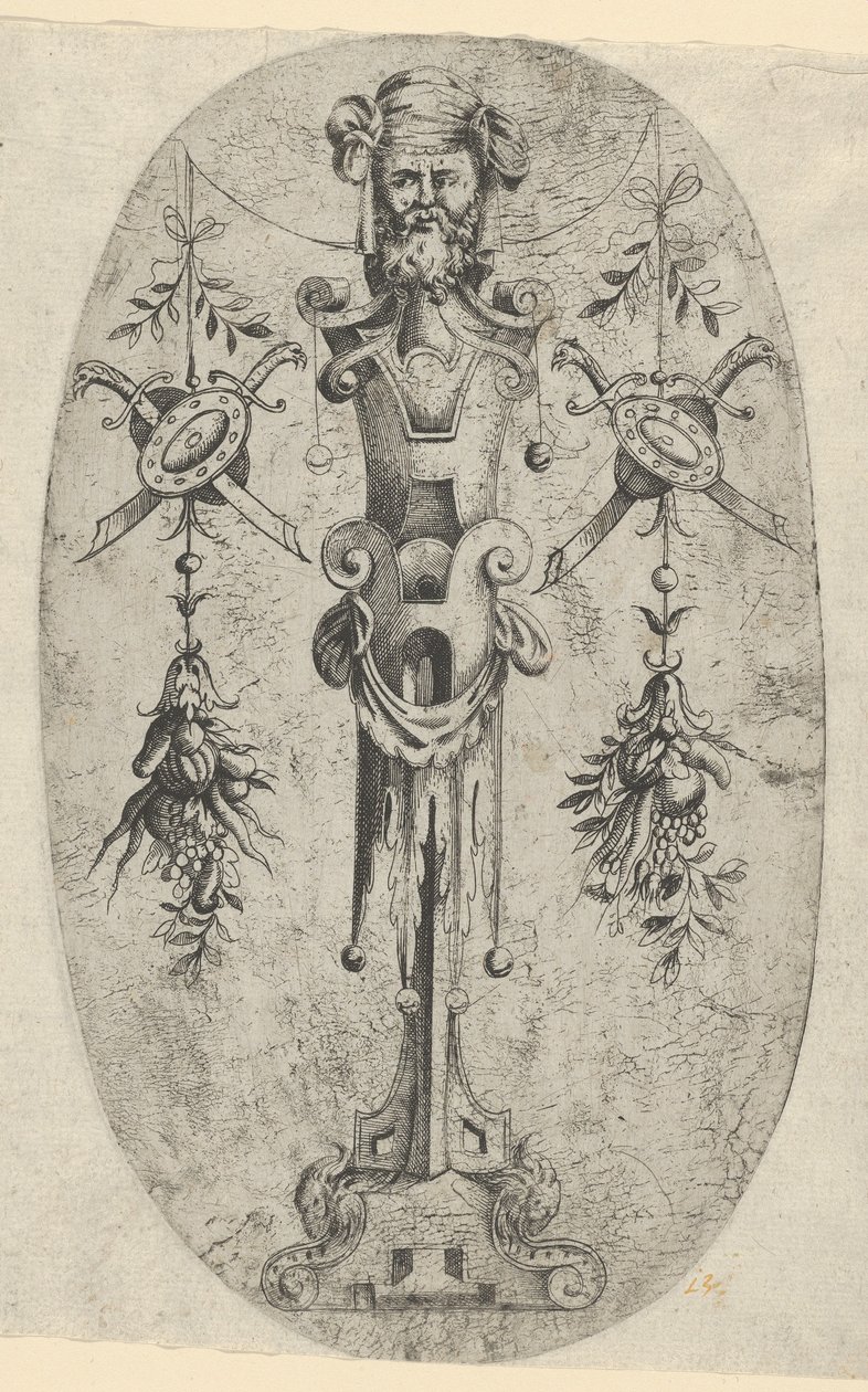 Male Terminal Figure, Head with Beard and Turban on a Three-Quarter Strapwork Pedestal by Jean Mignon