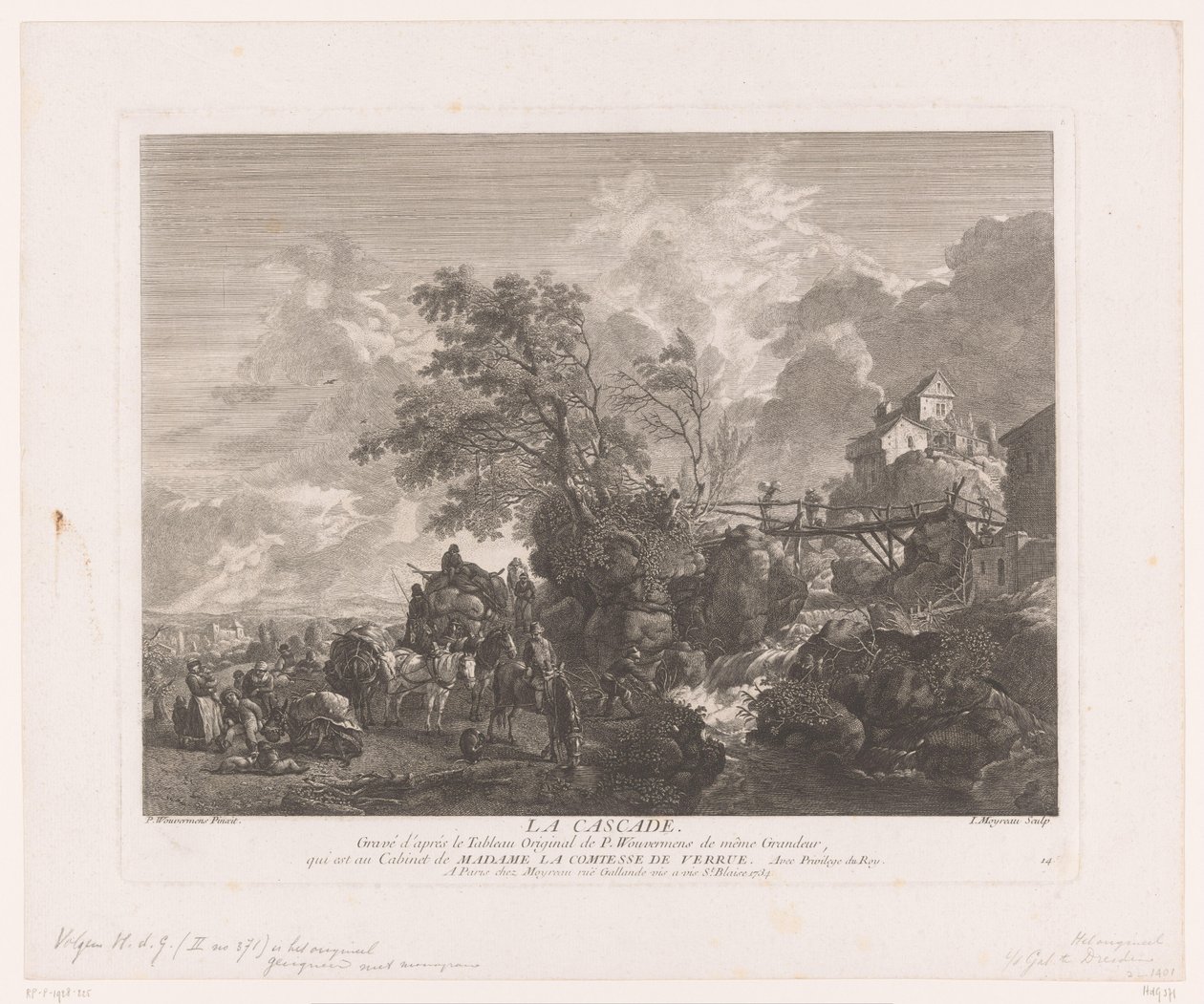 Landscape with Travelers by a Waterfall (series: Prints after Paintings by Philips Wouwerman) by Jean Moyreau