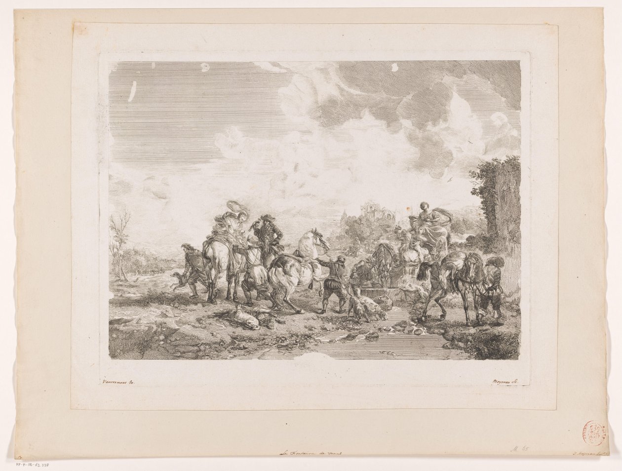 Resting Hunting Party by a Fountain (La Fontaine de Venus) (Prints after Paintings by Philips Wouwerman series) (Oeuvres de Ph.pe Wouwermans Hollandois series) by Jean Moyreau