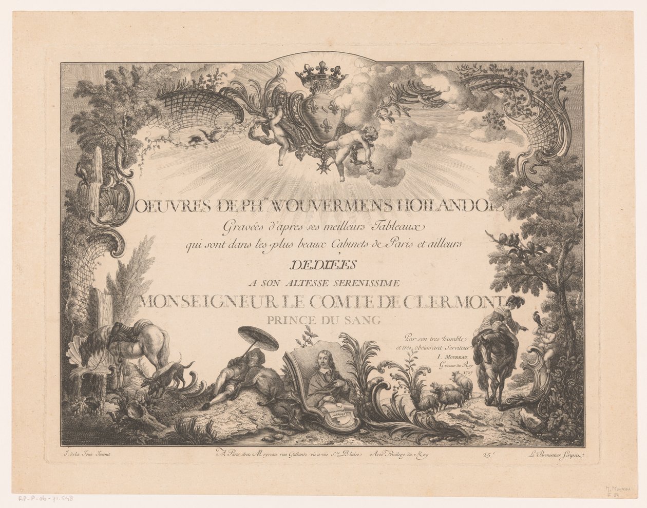 Title Print with Figures and Animals in a Landscape, with the Portrait of Philips Wouwerman (Prenten naar schilderijen door Philips Wouwerman) by Jean Moyreau