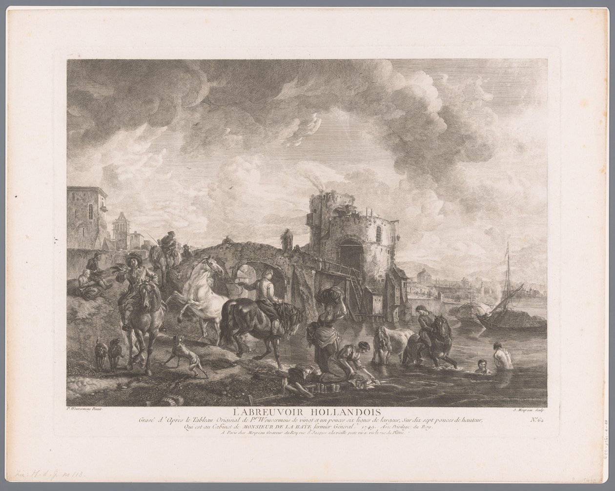 Various Figures and Horses by the Water in Front of a Bridge by Jean Moyreau