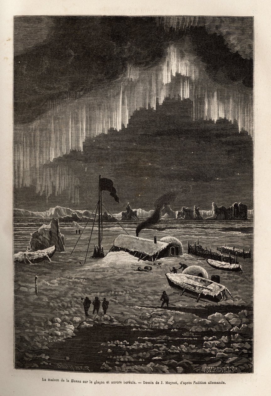After the abandonment of their ship, the crew of La Hansa built a camp on a drifting ice floe, illuminated by the aurora borealis, engraving after the drawing of J. Moynet, illustrating the voyage of the ships La Germania and La Hansa to the North Pole by Jean Pierre Moynet