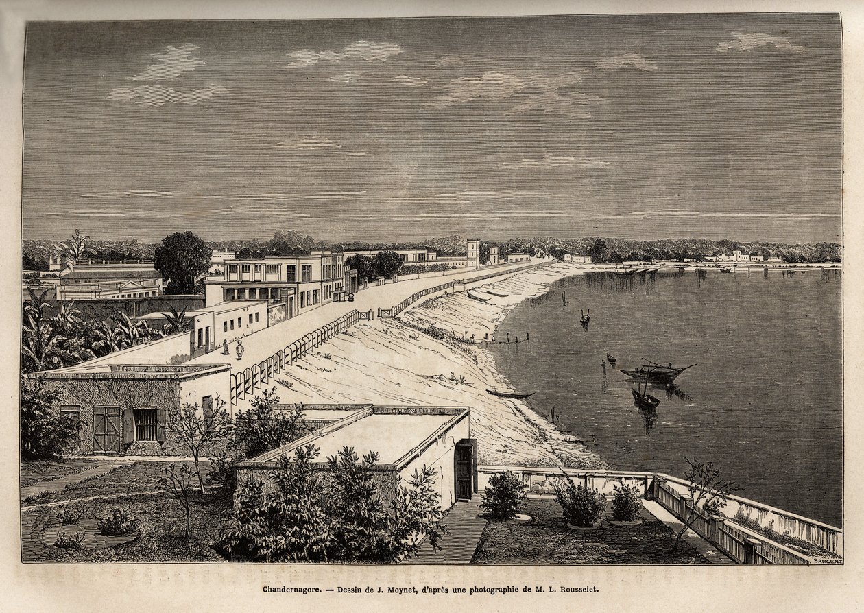 Chandernagor (present-day Chandannagar, in West Bengal), on the banks of the Ganges, engraving after the drawing by J. Moynet, illustrating the journey in India of the Rajahs, in 1864-1868, by Louis Rousselet, published in “Le tour du monde” 1874, edited b by Jean Pierre Moynet