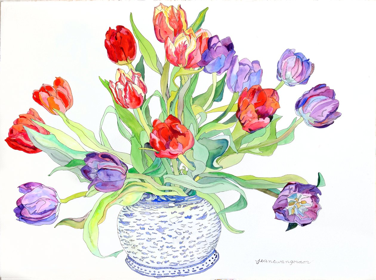 Tulips in Bowl With Painted Fish & Bird Design, 2006 by Jean Swan Gordon
