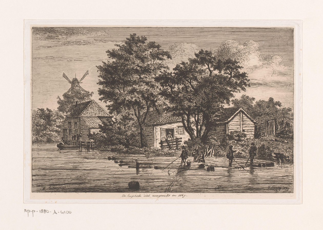 View of the English Fort in Antwerp with Collected Logs, Buildings and a Mill in the Background by Jean Théodore Joseph Linnig