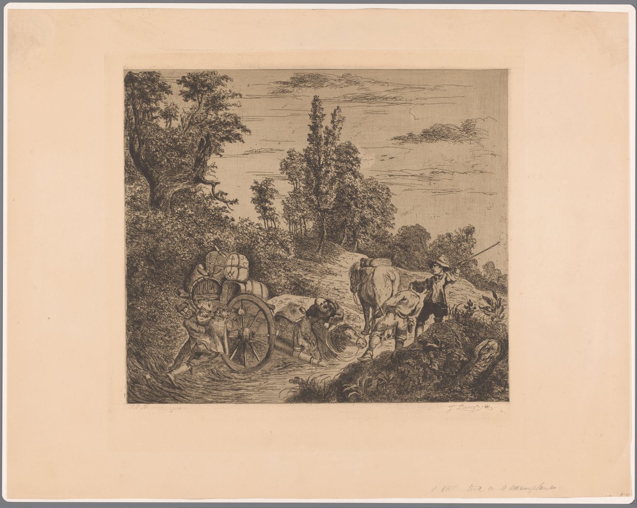 Landscape with a Wagon Stuck in the Water Being Pulled Out by a Group of Men by Jean Théodore Joseph Linnig