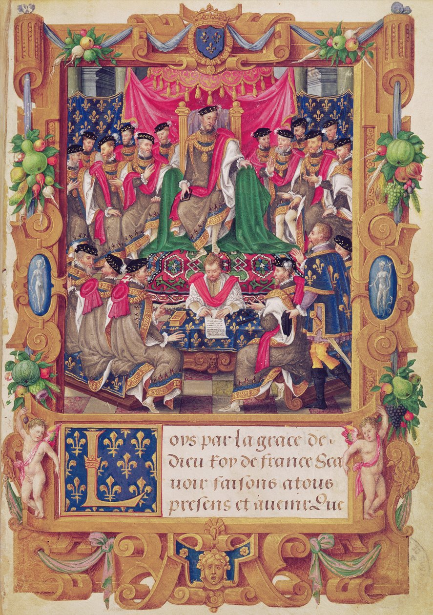 Henri II presides over a chapter meeting of the French chivalric Order of Saint-Michel by Jean the Elder Cousin