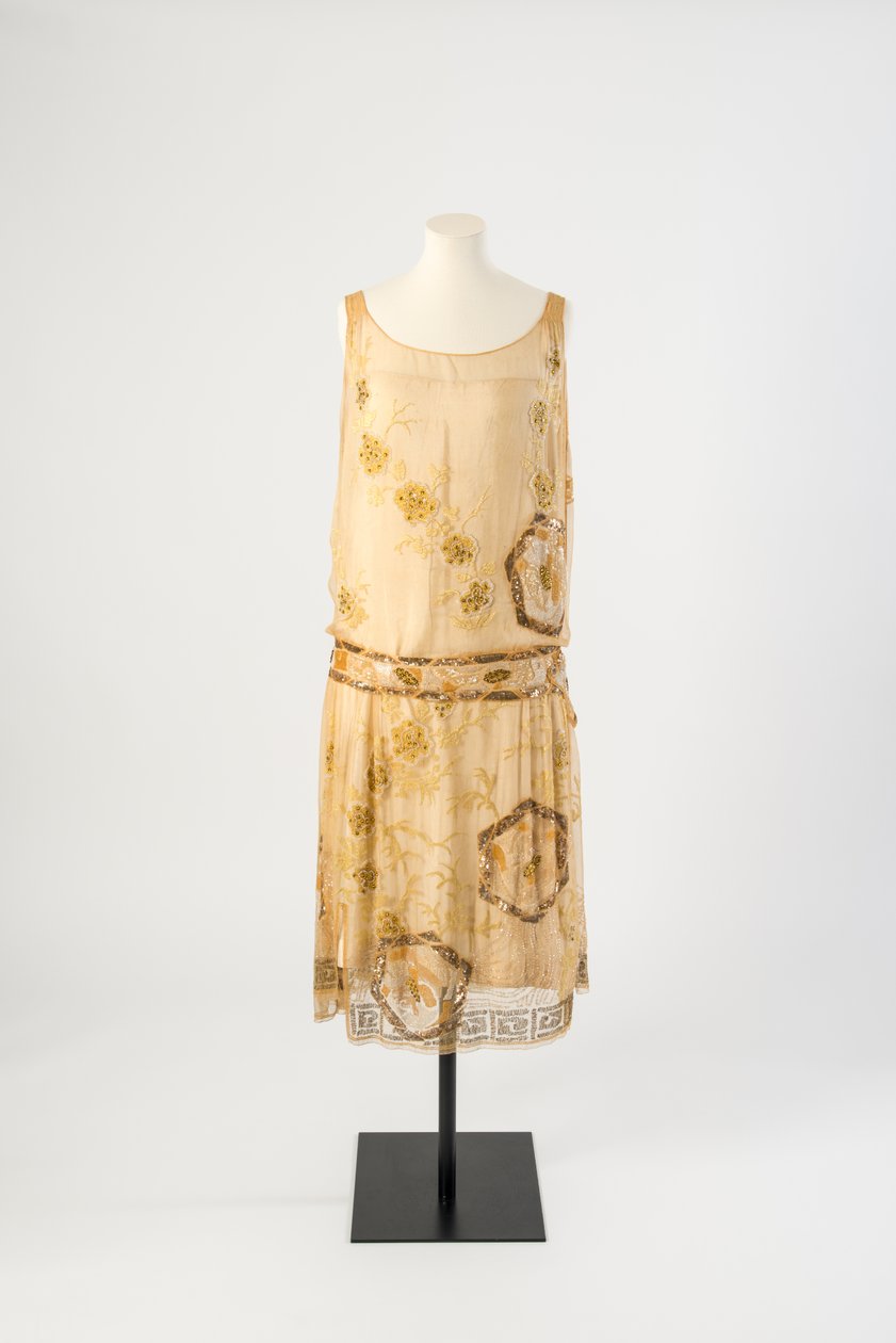 Yellow silk chiffon evening dress embroidered with yellow floss silk, sequins, bugle beads and yellow brilliants by Jeanne Paquin