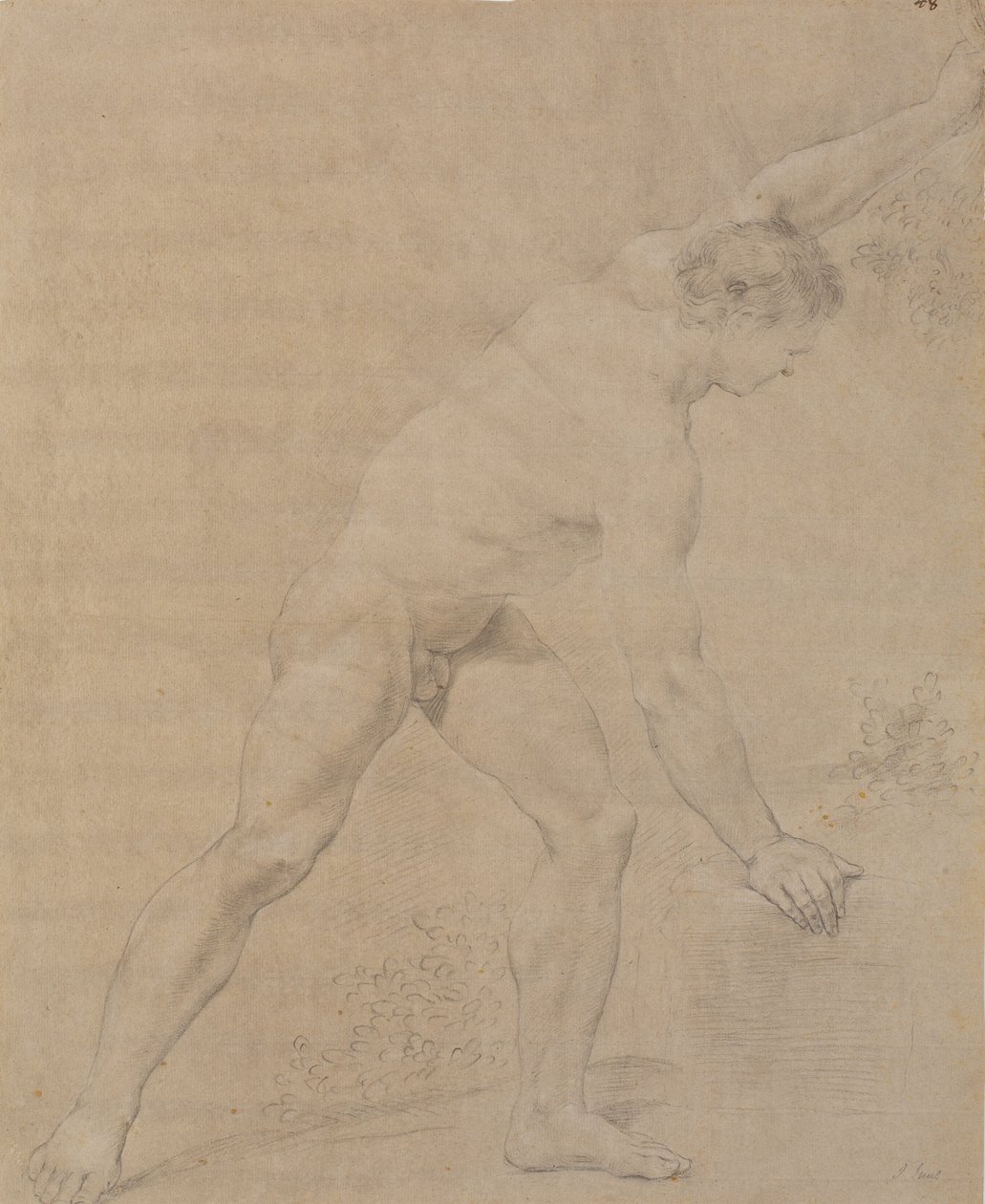 Model Standing, Facing Right, Left Arm Raised, Right Arm Lowered and Supported Against a Rock by Jens Juel