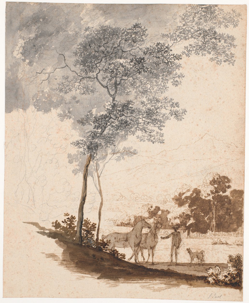 Swiss Landscape with a Rider Holding Two Horses and a Couple of Dogs; Study for the Portrait of Jean-Armand Tronchin by Jens Juel