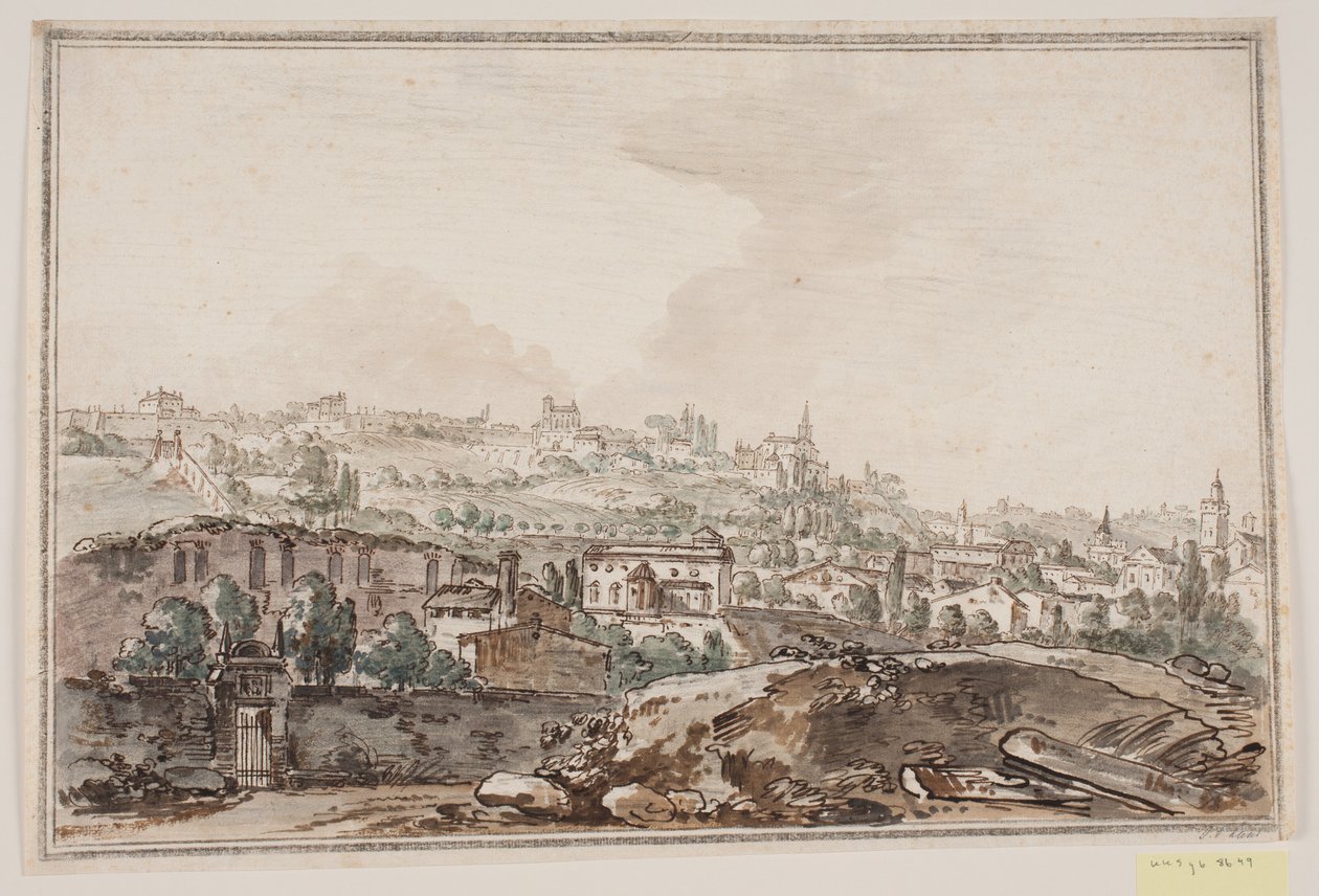 Cityscape with houses and wall by river; in the background churches and palaces by Jens Petersen Lund