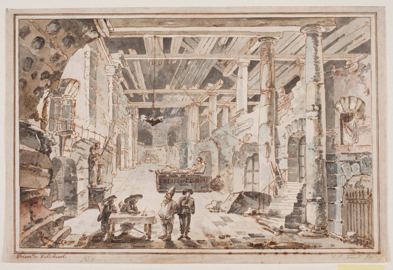 Prison Scene with Polichinel and a Jailer at a Table with Two Judges?