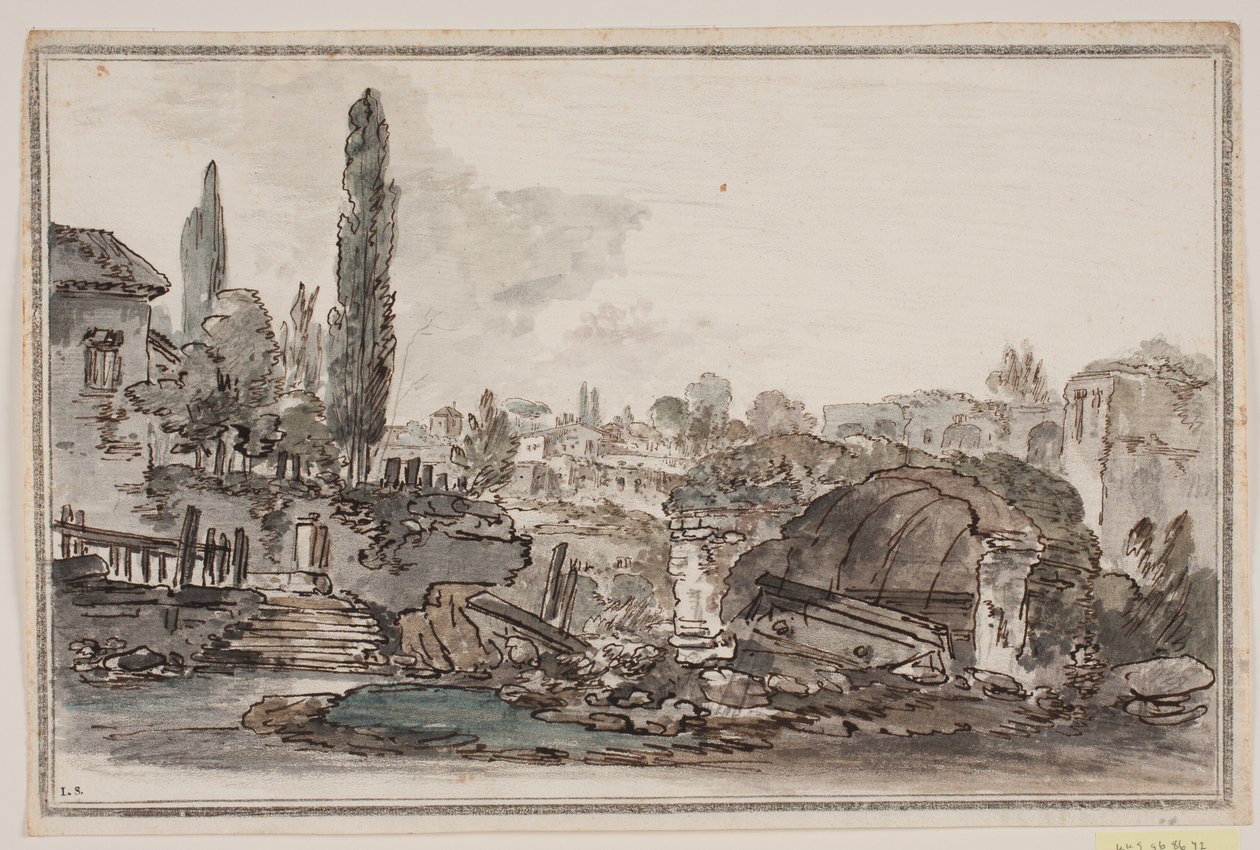 View with Tall Trees, Buildings, and Ruins by Jens Petersen Lund