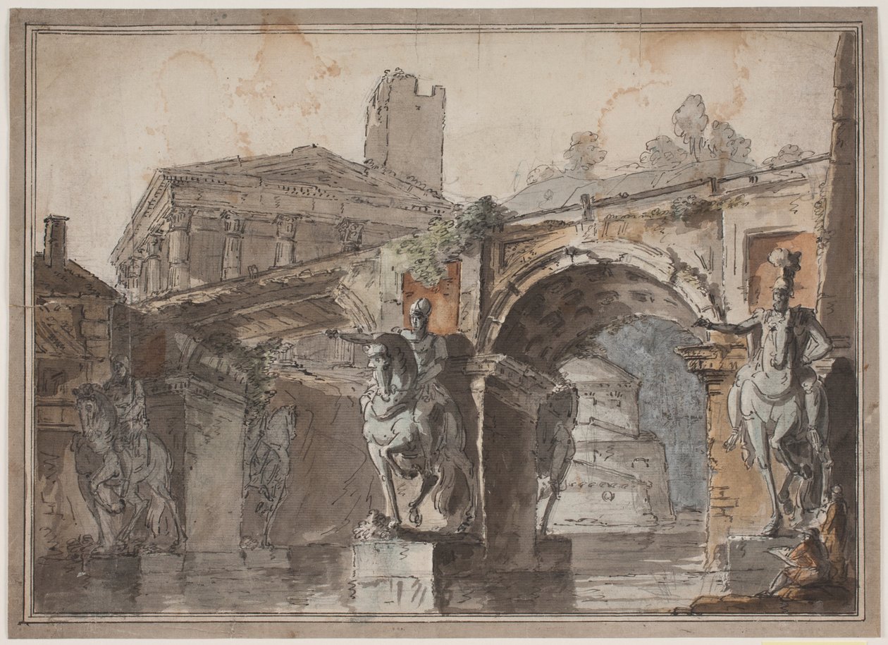 "Roman" Prospect with Bridge, Temple Ruin, and Equestrian Statue by Jens Petersen Lund