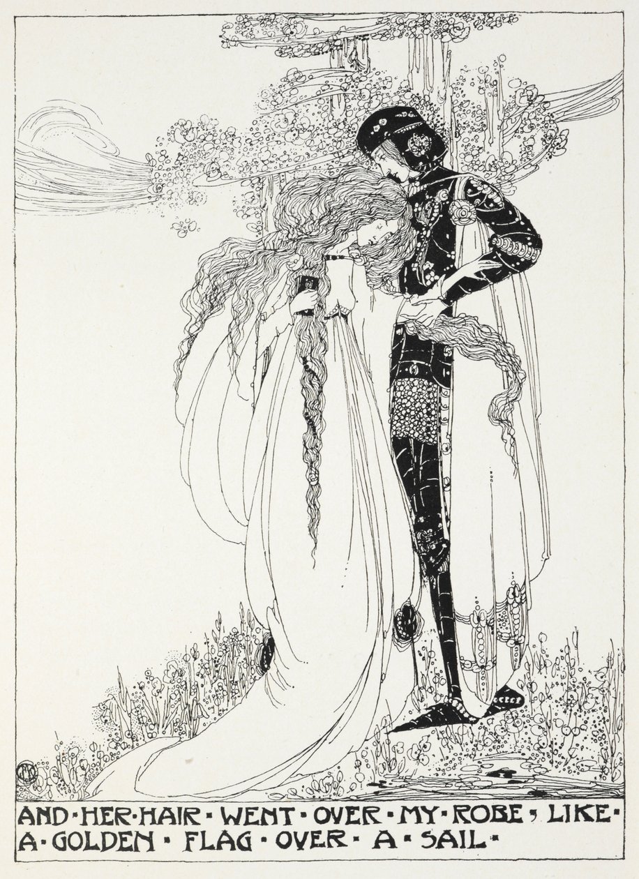 And her hair went over my robe like a golden flag over a sail - a young couple embracing by Jessie Marion King