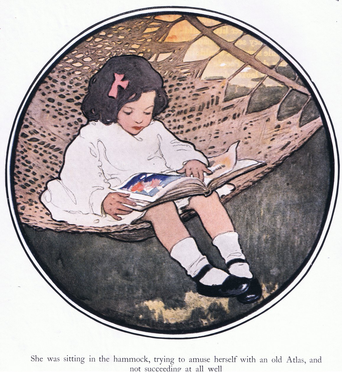 She was sitting in the hammock, trying to amuse herself with an old atlas and not succeeding at all well by Jessie Willcox Smith
