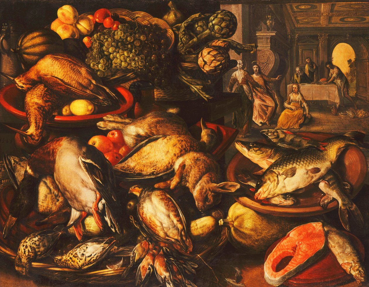Game, Fish, Fruit and Vegetables in Baskets and Bowls in a Larder by Joachim Beuckelaer