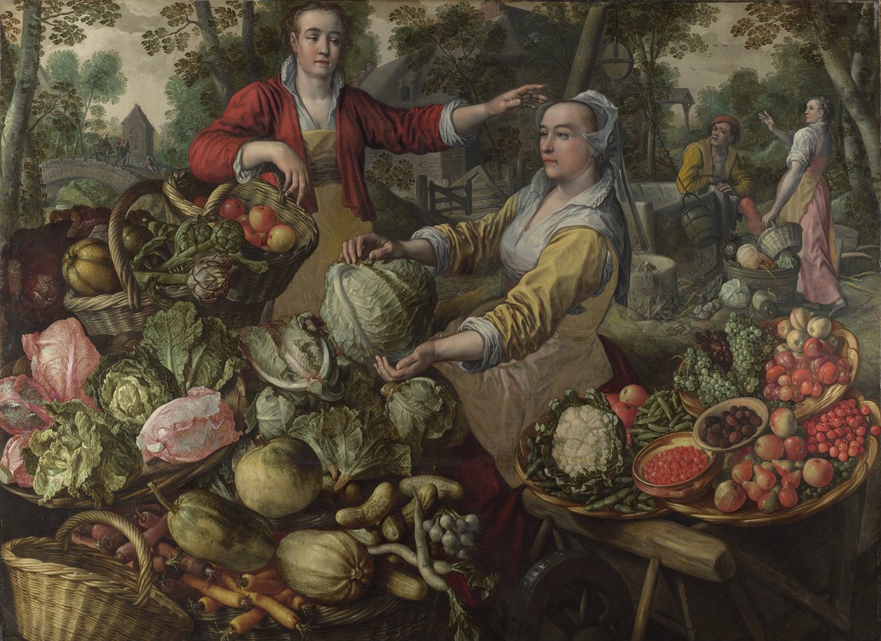 The Four Elements: Earth. A Fruit and Vegetable Market with the Flight into Egypt in the Background by Joachim Beuckelaer