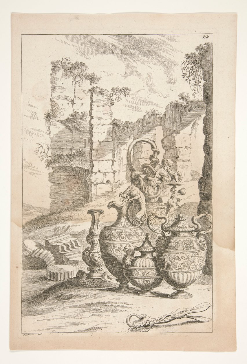 A Candlestick and Handled Ornamental Ewers in a Landscape with Ruins, from Sculpturae Veteris Admirata by Joachim von Sandrart