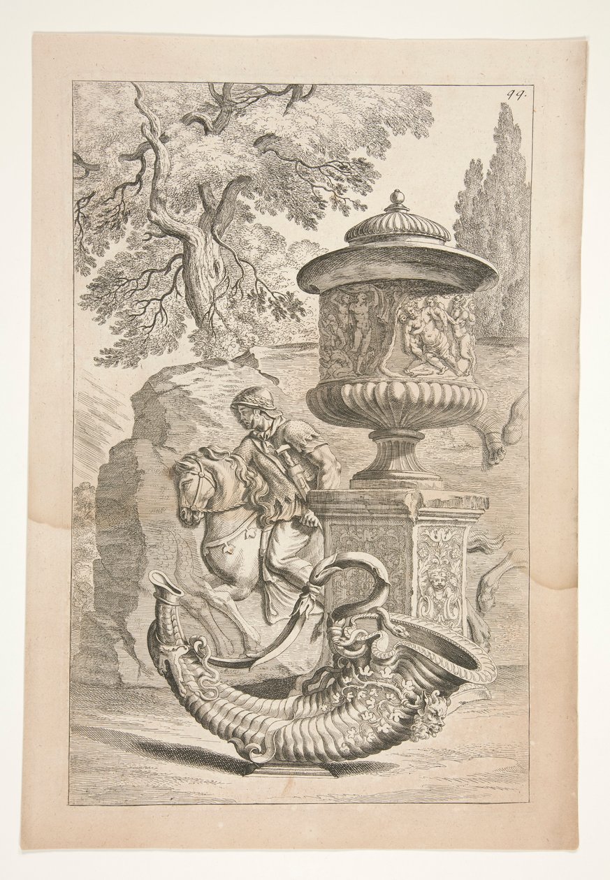 A Relief of Warriors, A Covered Vase Decorated with a Bacchic Relief, and a Cornucopia in a Landscape by Joachim von Sandrart
