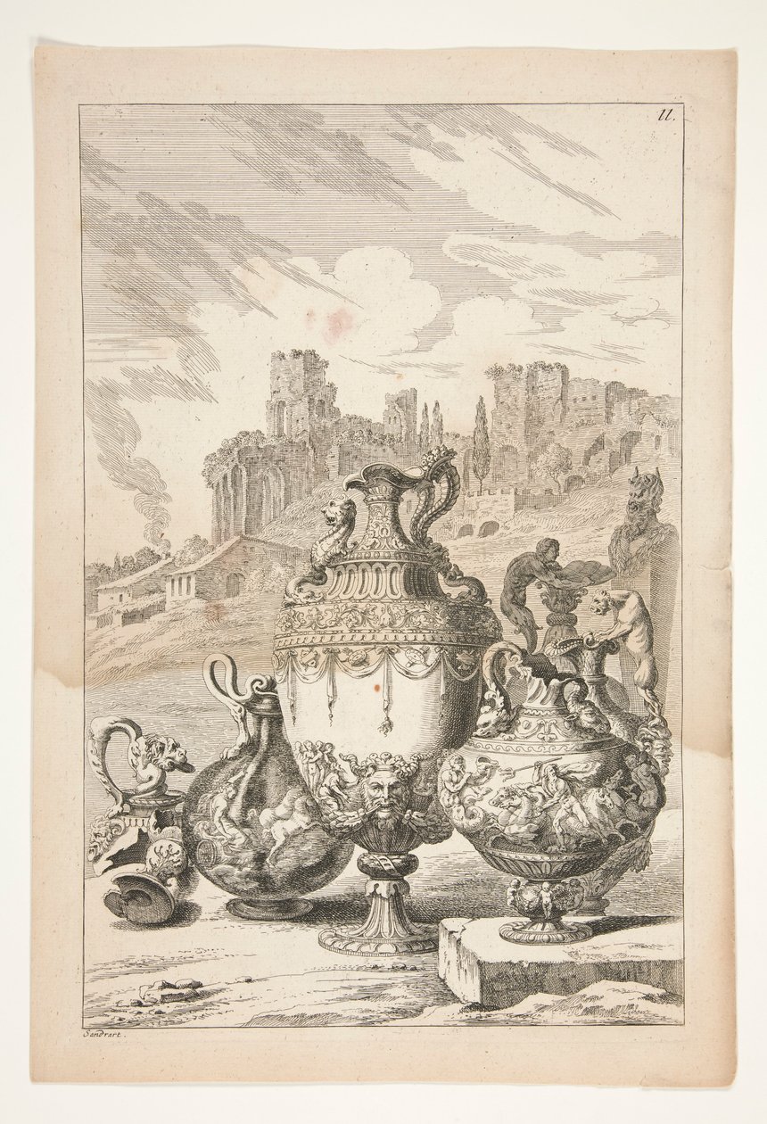 Four Vases, A Broken Vase, A Broken Candlestick, and A Herm in a Landscape with Classical Ruins by Joachim von Sandrart