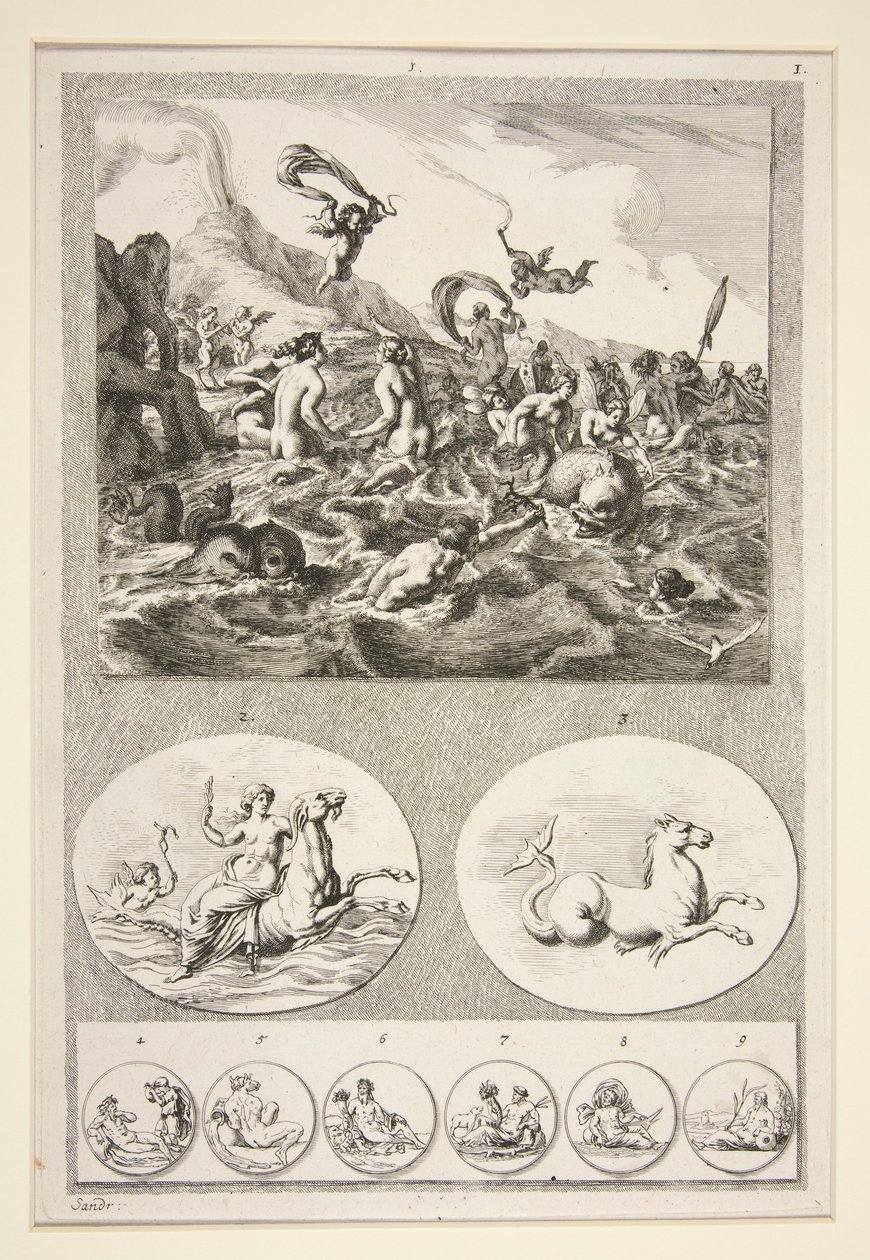 Top half: Nereids Sporting Bottom half: Two Reliefs and Six Coins by Joachim von Sandrart