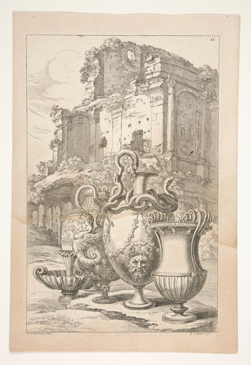 Vases in a Landscape Among Antique Ruins by Joachim von Sandrart