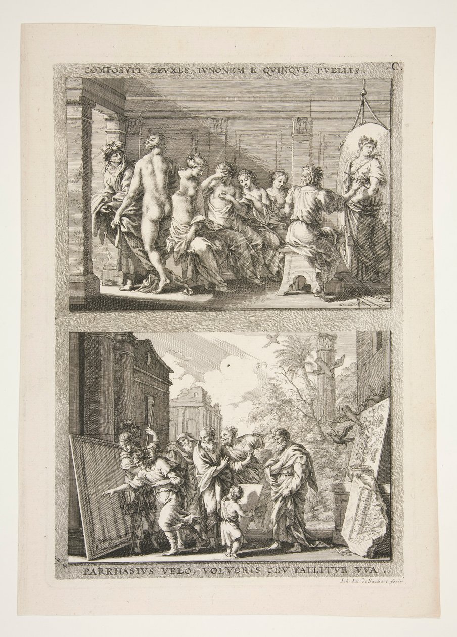 Composite of Zeuxis and Juno with Five Girls, Parrhasius with a Veil, Bird and Deceiver of Grapes by Joachim von Sandrart