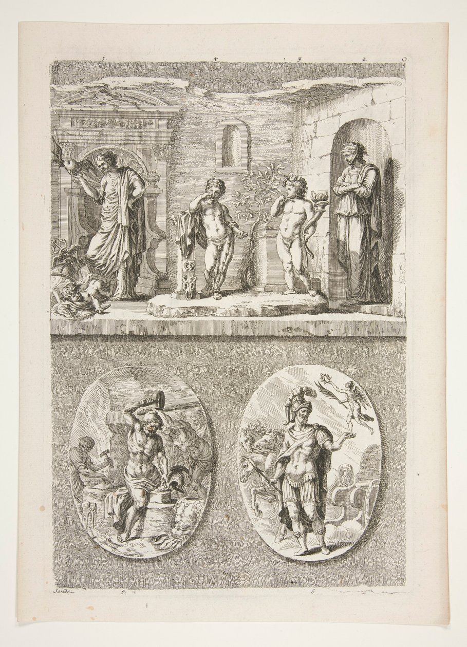 Top Half: Four Antique Statues, Bottom Half: Forge of Vulcan and A ...