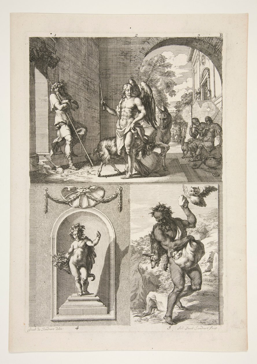 Unknown Religious Subject; A Statue of a Putto in a Niche and a Statue of a Faun in a Landscape by Joachim von Sandrart