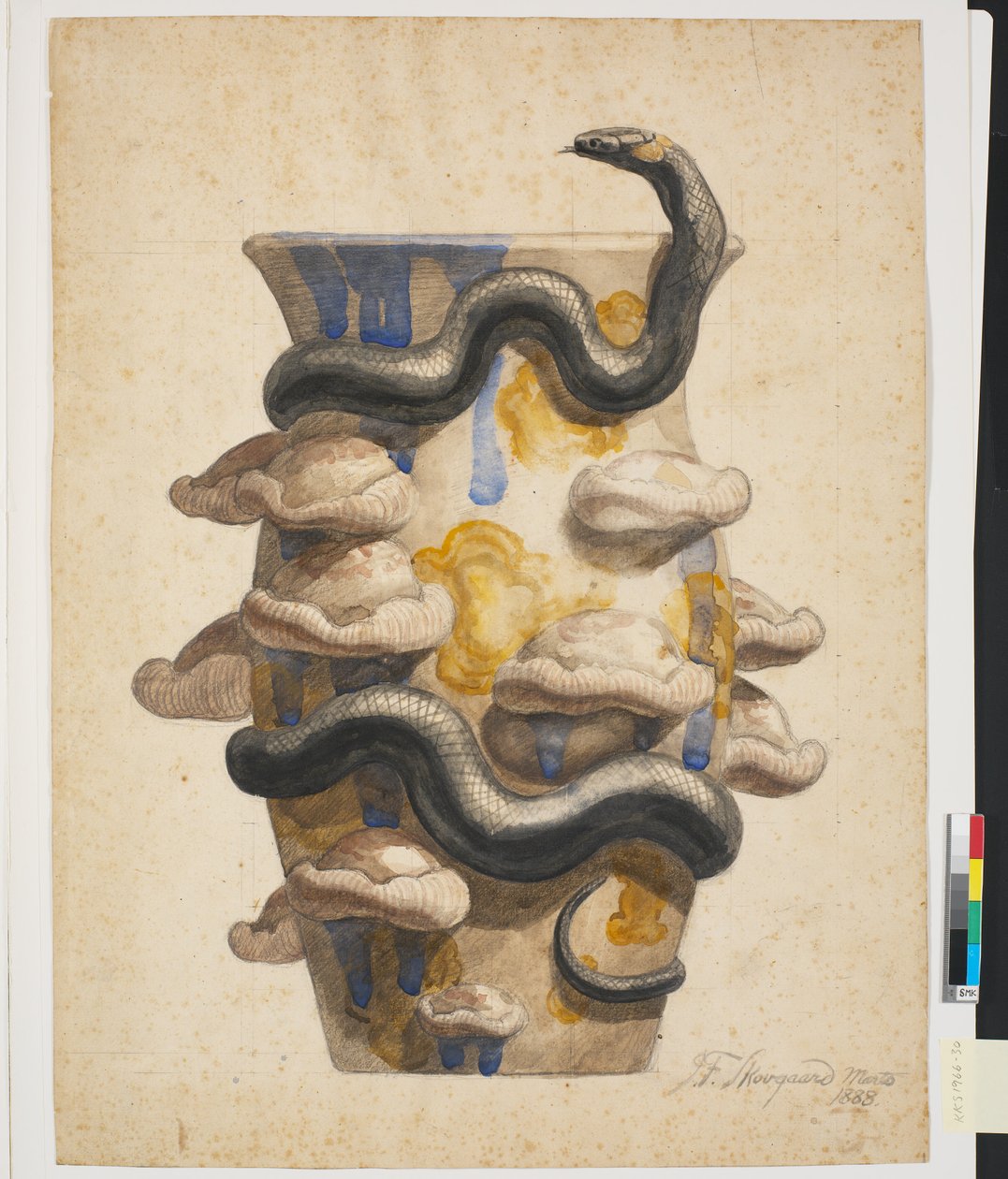 Preliminary work for vase decorated with plastic snake and mushrooms by Joakim Frederik Skovgaard