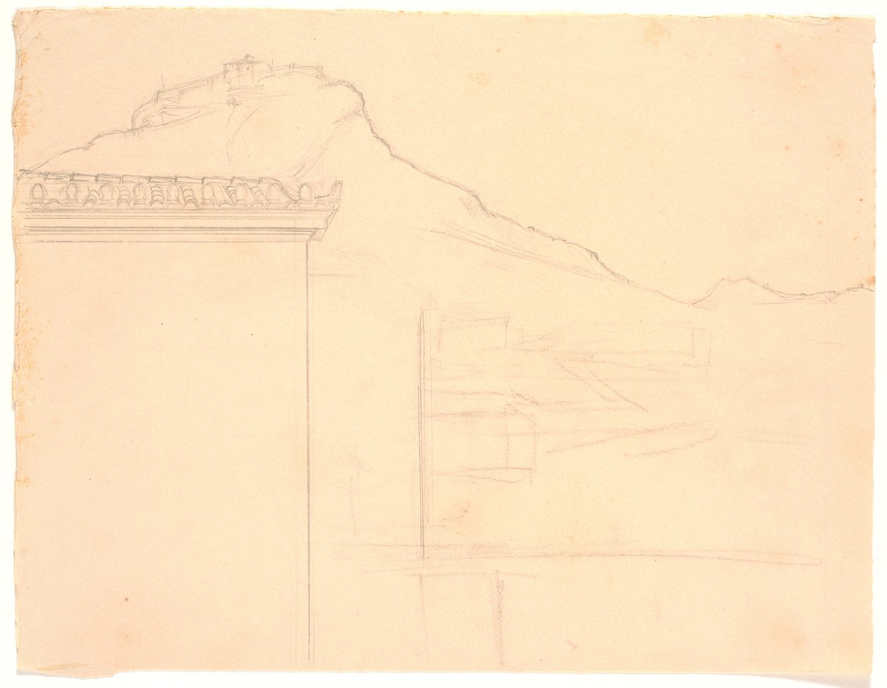 View Towards Buildings on a Cliff Top; in the Foreground Left a House Corner by Joakim Frederik Skovgaard