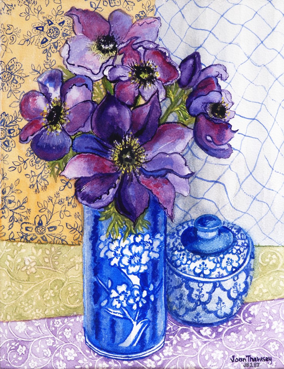 Anemones in a Blue and White Vase with Pot and Textiles 2012 by Joan Thewsey