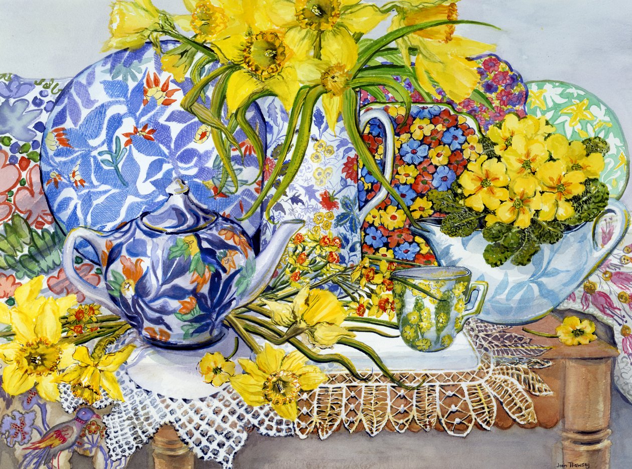 Daffodils, Antique Jugs, Plates, Textiles and Lace, 2012 by Joan Thewsey