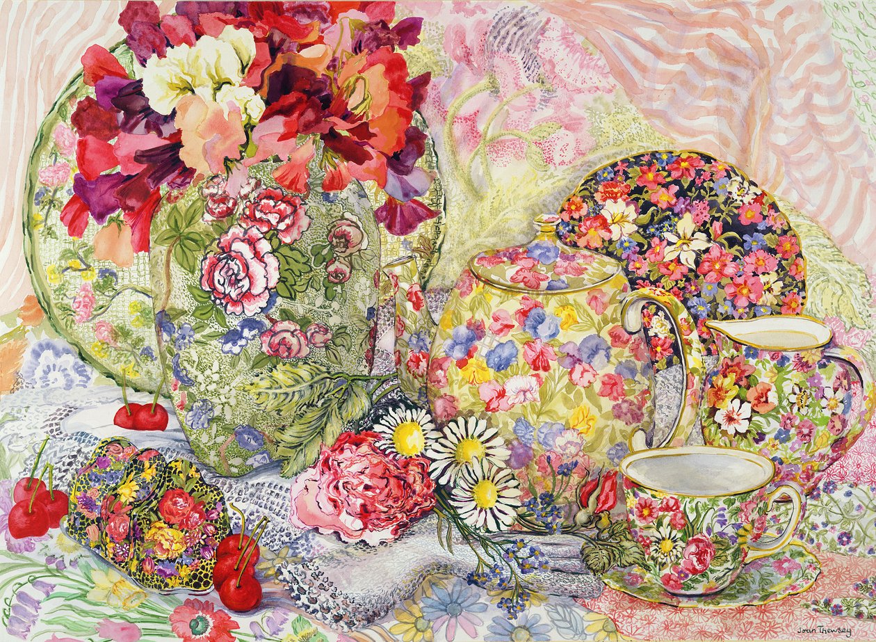Sweet Peas with Flowered Antique China and Cherries by Joan Thewsey