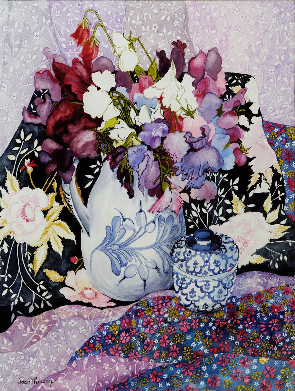 Sweet peas in a blue and white jug with blue and white pot and textiles by Joan Thewsey