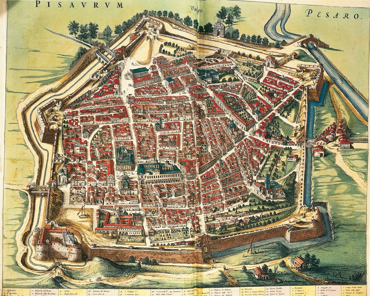 Italy, Map of Pesaro, from Theatrum civitatum et admirandorum Italiae by Joan Blaeu, engraving by Joan Blaeu