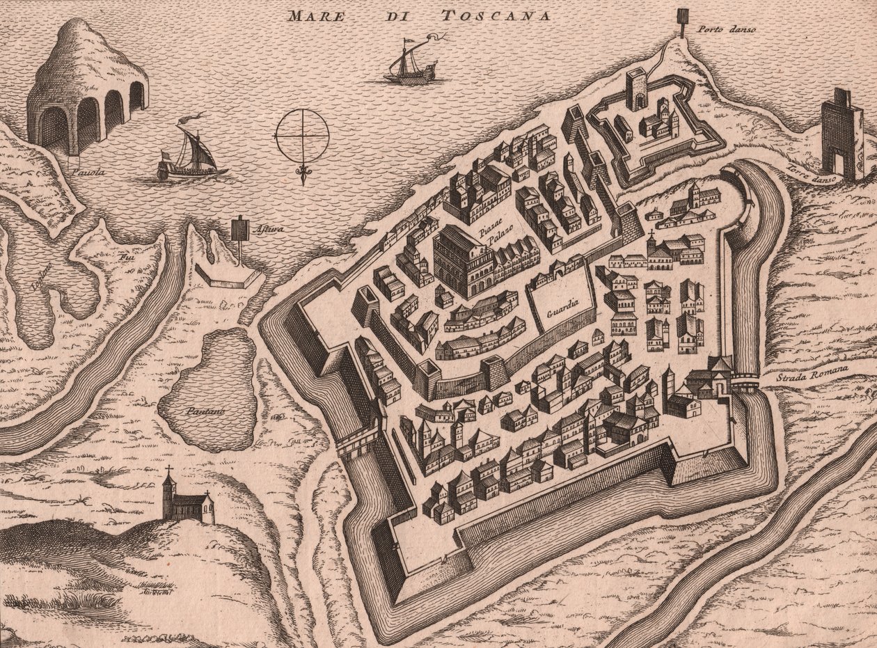 Map of Nettuno, Lazio, Italy, copper engraving by Joan Blaeu