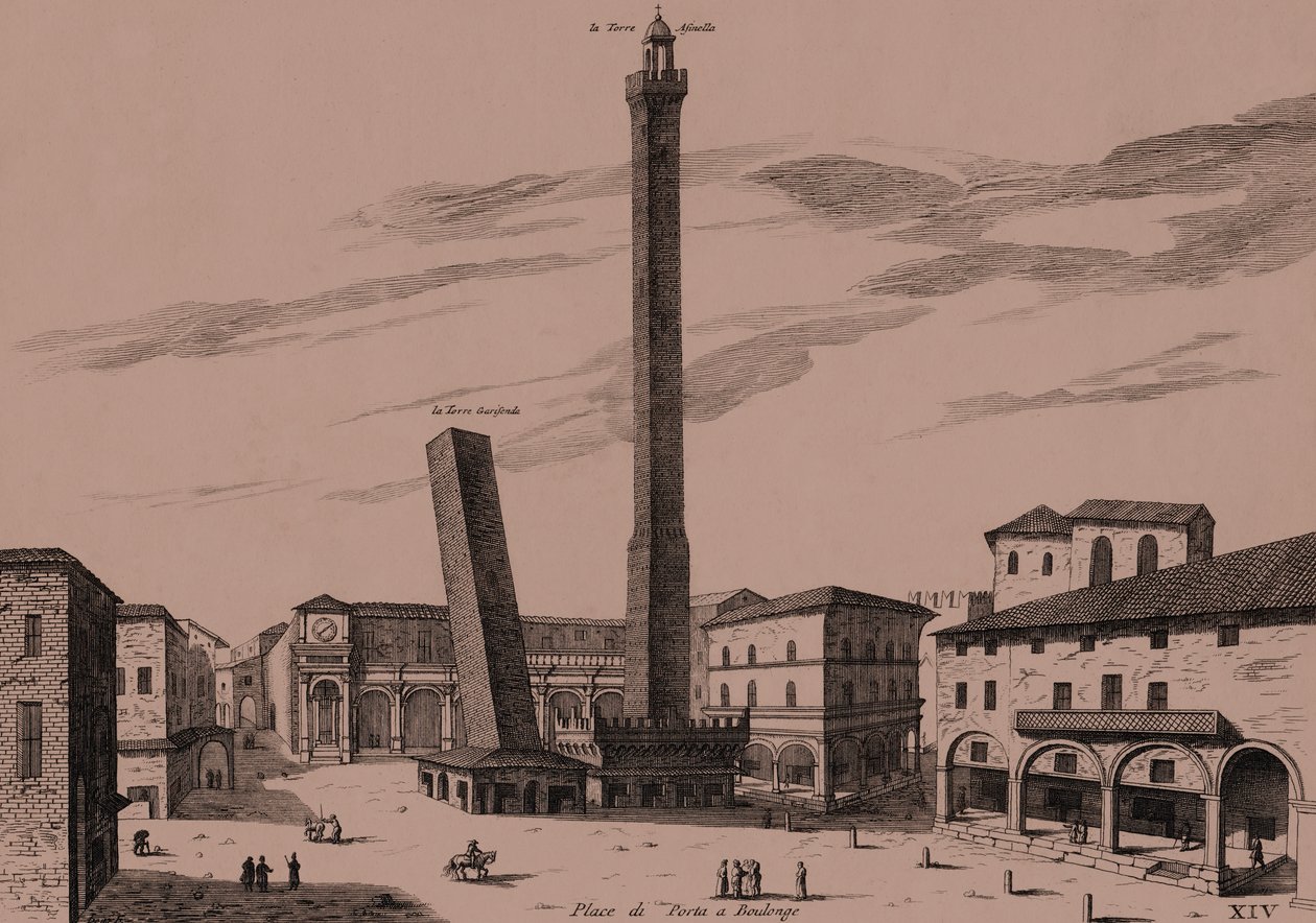 The Two Towers (Asinelli and Garisenda), Bologna, Emilia-Romagna, Italy, copper engraving by Joan Blaeu