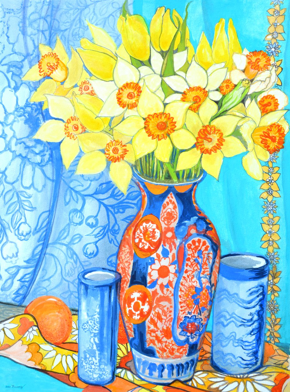 Daffodils and Tulips in an Imani Vase; Oranges and Textiles by Joan Thewsey