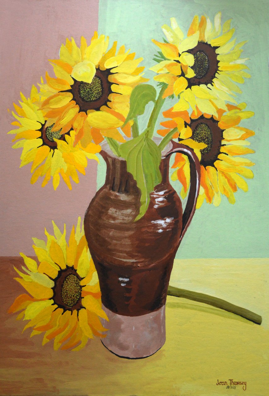 Five Sunflowers in a Tall Brown Jug by Joan Thewsey