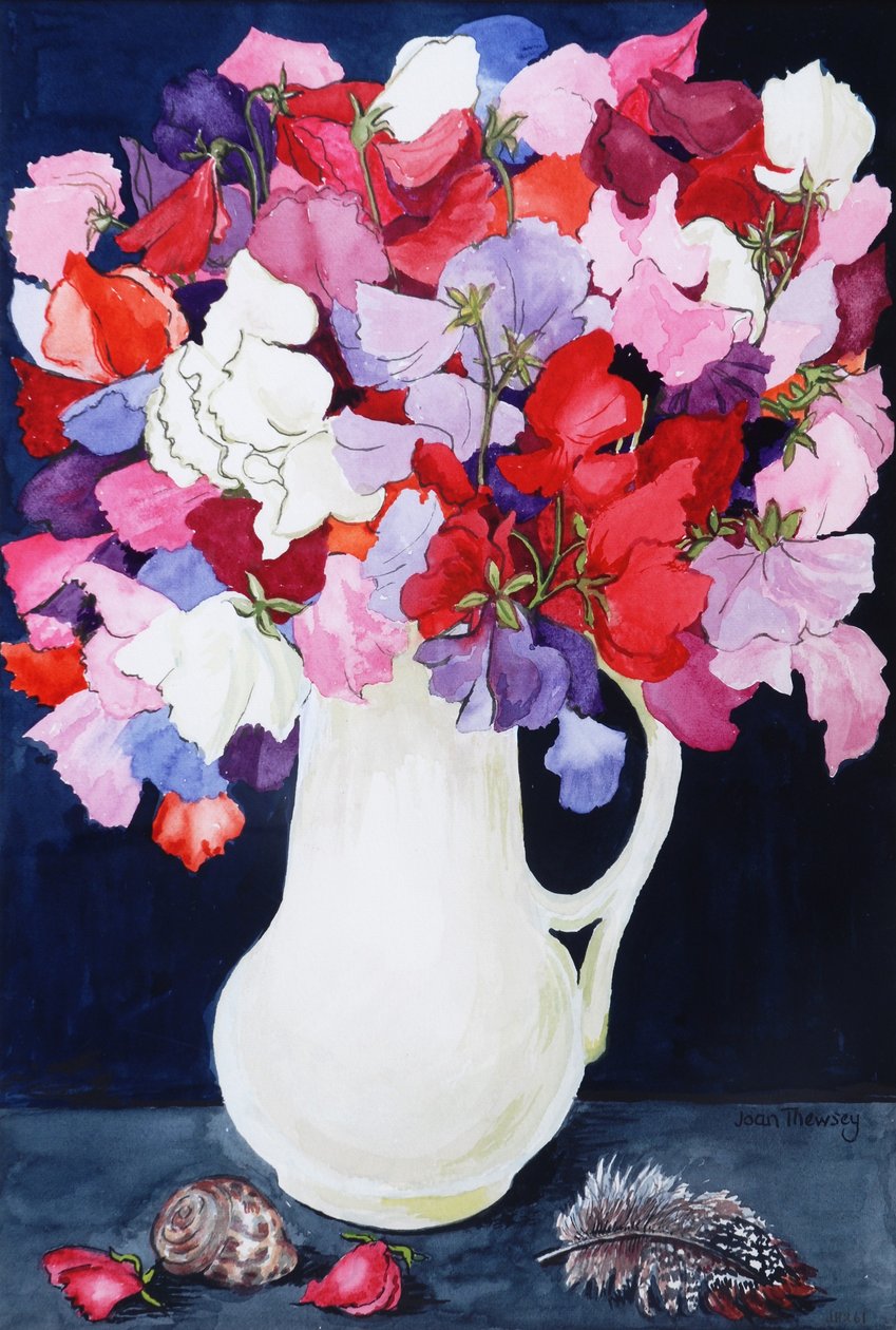 Sweet Peas in a White Jug with Shell and Feather 2011 by Joan Thewsey