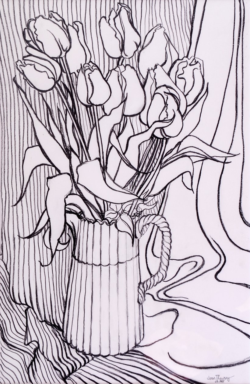 Tulips Against a Striped Cloth by Joan Thewsey