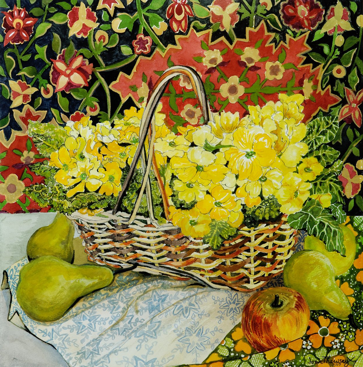 Yellow Primroses in a Basket with Fruit and Textiles by Joan Thewsey
